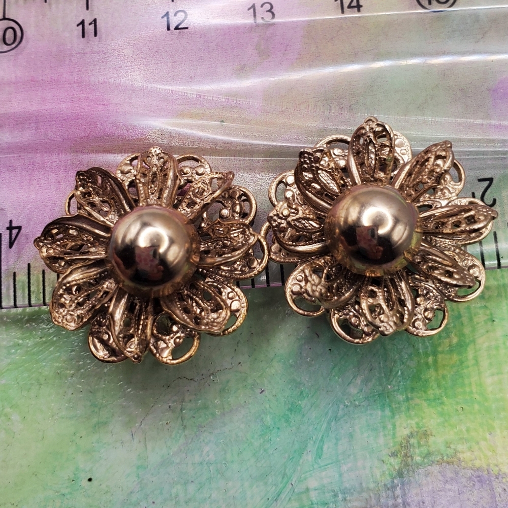 Vintage Karu Earrings Filigree Flower Clips